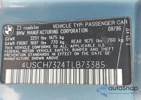 1996 BMW Z3 1.9 z USA, uszkodzony, nr VIN 4USCH7324TLB73385